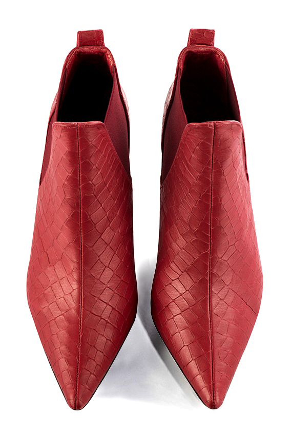 Scarlet red women's ankle boots, with elastics. Pointed toe. Medium spool heels. Top view - Florence KOOIJMAN